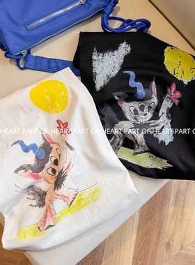 W家2026新款华晨宇同款创意可爱小鹿涂鸦印花短袖T恤宽松重磅上衣