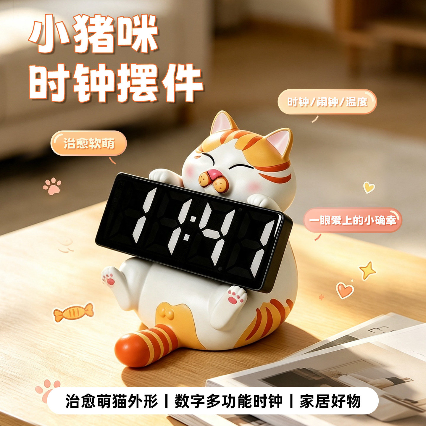 小猪咪橘猫萌宠摆件静音治愈闹钟