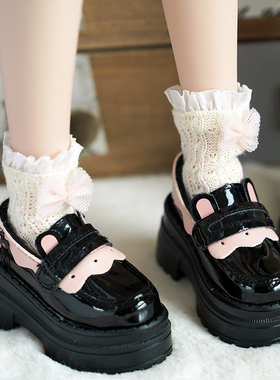 BJD四分娃鞋 熊妹MSD兔豆豆MDD黑色PU拼色松糕鞋复古厚底娃鞋现货