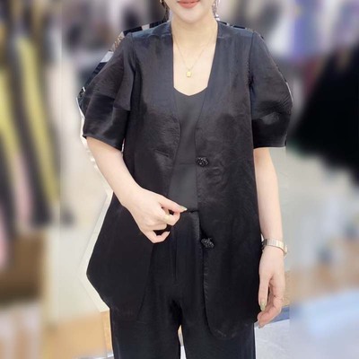 欧洲站2025夏季新款醋酸真丝泡泡袖短袖西装外套女