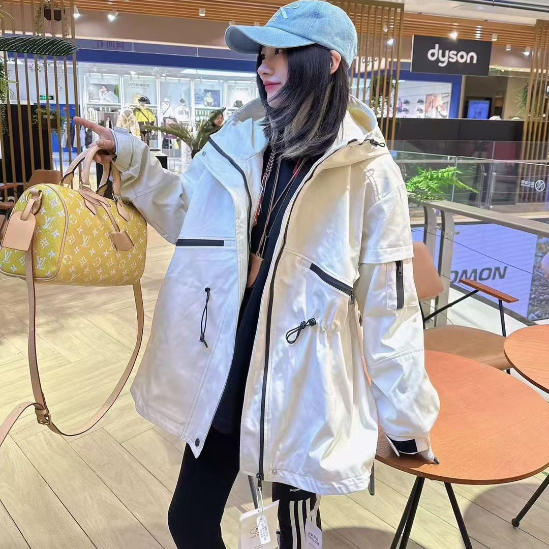 欧洲站2025春新款休闲宽松糖果色假两件收腰连帽OL户外风衣大衣女