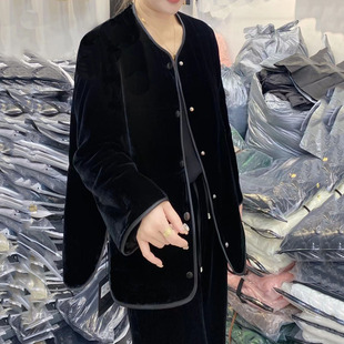 欧洲站2025秋冬新款休闲宽松真丝丝绒夹棉薄棉圆领包边外套棉衣女