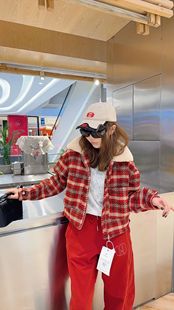 欧洲站2026春新款休闲宽松毛领格子毛呢棉衣棉服夹克外套女