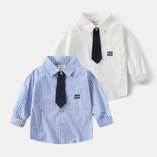 男童长袖白衬衫春秋款2026新款童装宝宝纯棉男孩领带上衣儿童衬衣