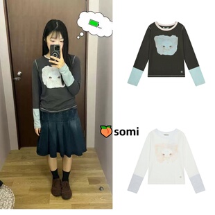 somi家直邮~Coyseio可爱卡通娃娃印花拼色圆领长袖T恤打底衫7