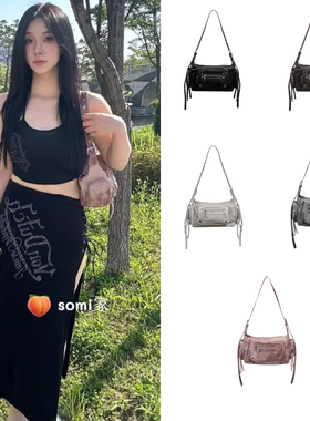 somi家 韩国直邮BLACKPURPLE机车女包辣妹风单肩斜挎手拎口袋包包