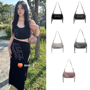 somi家 韩国直邮BLACKPURPLE机车女包辣妹风单肩斜挎手拎口袋包包
