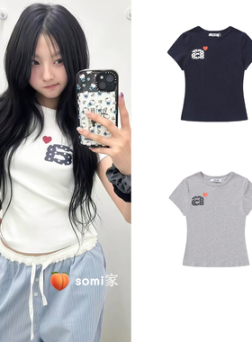 韩国aeae波点字母印花短款短袖女收腰修身显瘦T恤上衣女新