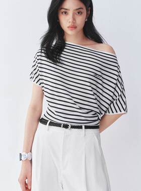 商场同款2026夏装新款女装条纹斜肩收腰短袖针织内搭女A1EEG2407