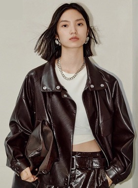 商场同款25冬季新款女装金属丝PU廓形外套无花果紫皮衣A1BBF3525