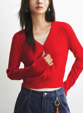 商场同款2026春装新款女气质假两件撞色新年红色针织衫A3EEG1211