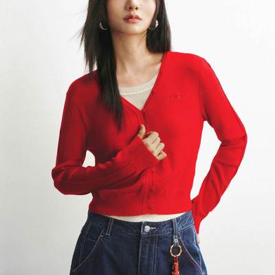 商场同款2026春装新款女气质假两件撞色新年红色针织衫A3EEG1211