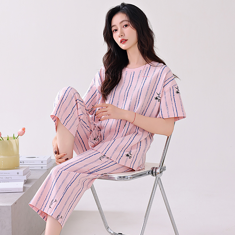 可外穿睡衣女夏季纯棉短袖七分裤薄款大码夏天全棉家居服运动套装