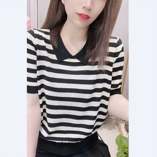 上衣针织 POLO领透气夏季 短袖 t恤女2025新款 百搭宽松显瘦条纹薄款