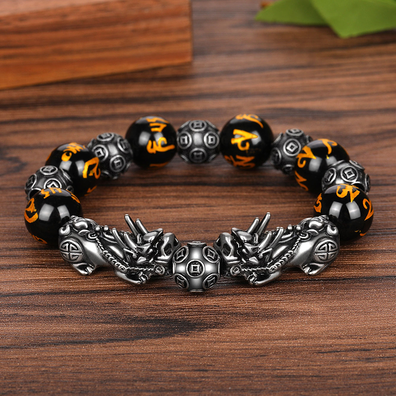 天然黑曜石烫金真言手串