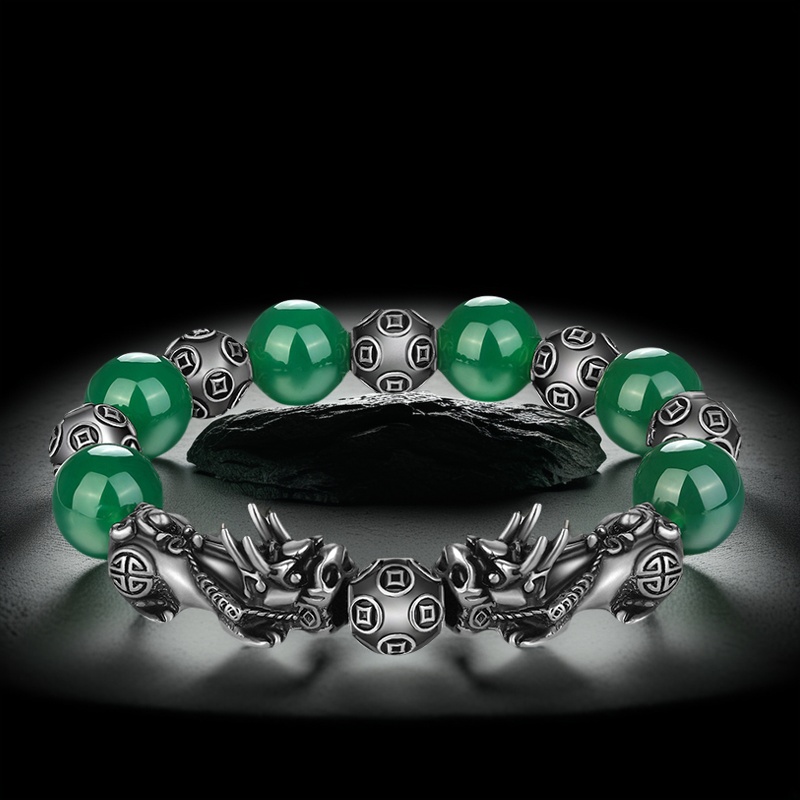 天然绿玛瑙手链轻奢小众ins风银黑色貔貅六转运珠男士手串礼物