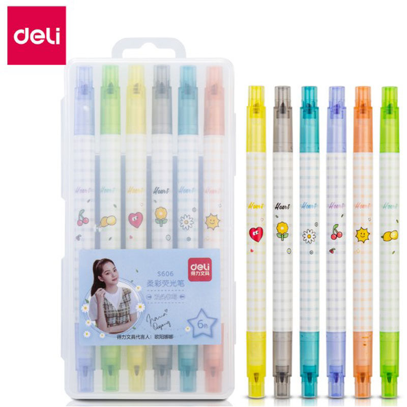 得力荧光笔手账标记笔学生用淡色系粗划重点双头彩色记号笔6支装