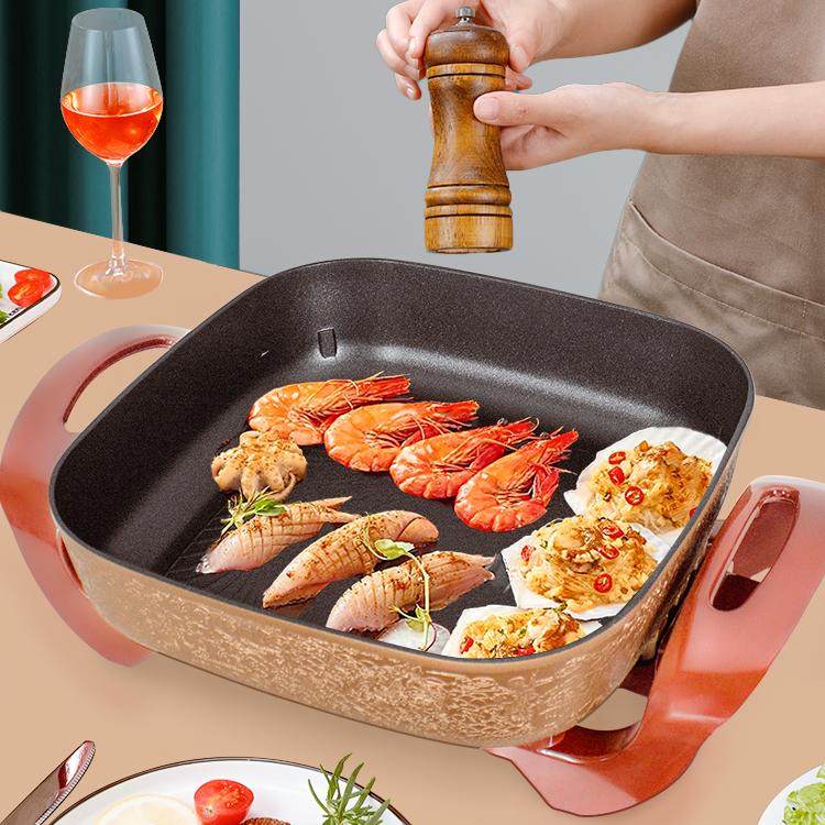 傻厨多功能电热锅带蒸屉电炒锅煎锅韩式电火锅无烟不粘锅四方锅