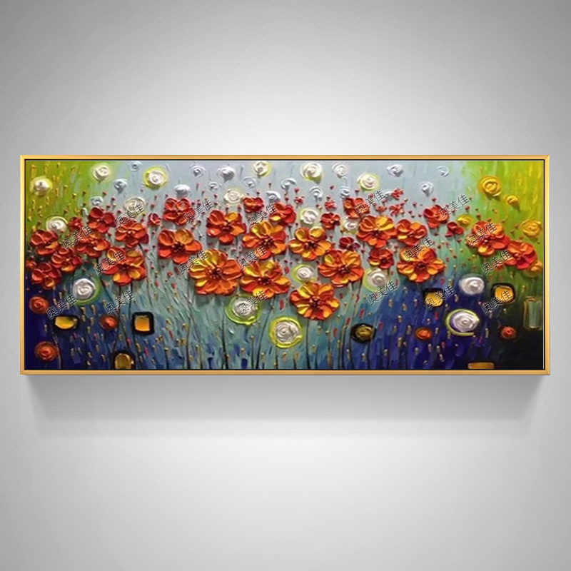 现代简约手绘抽象油画发财树客厅玄关装饰画餐厅卧室横版立体挂画图片