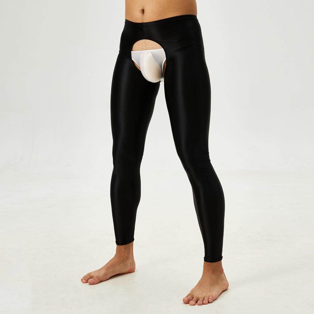 大码男士开裆免脱健身裤九分裤弹力光泽薄款油亮丝滑打底裤紧身裤