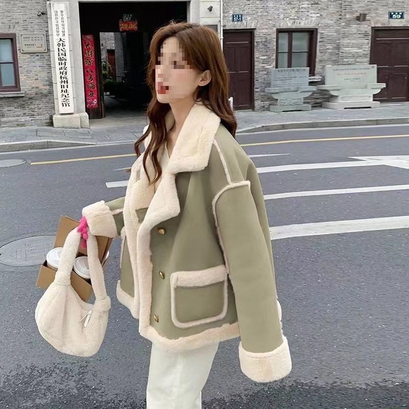 羊羔毛外套女2025秋新款韩系宽松仿麂皮绒皮毛一体加绒加厚机车服