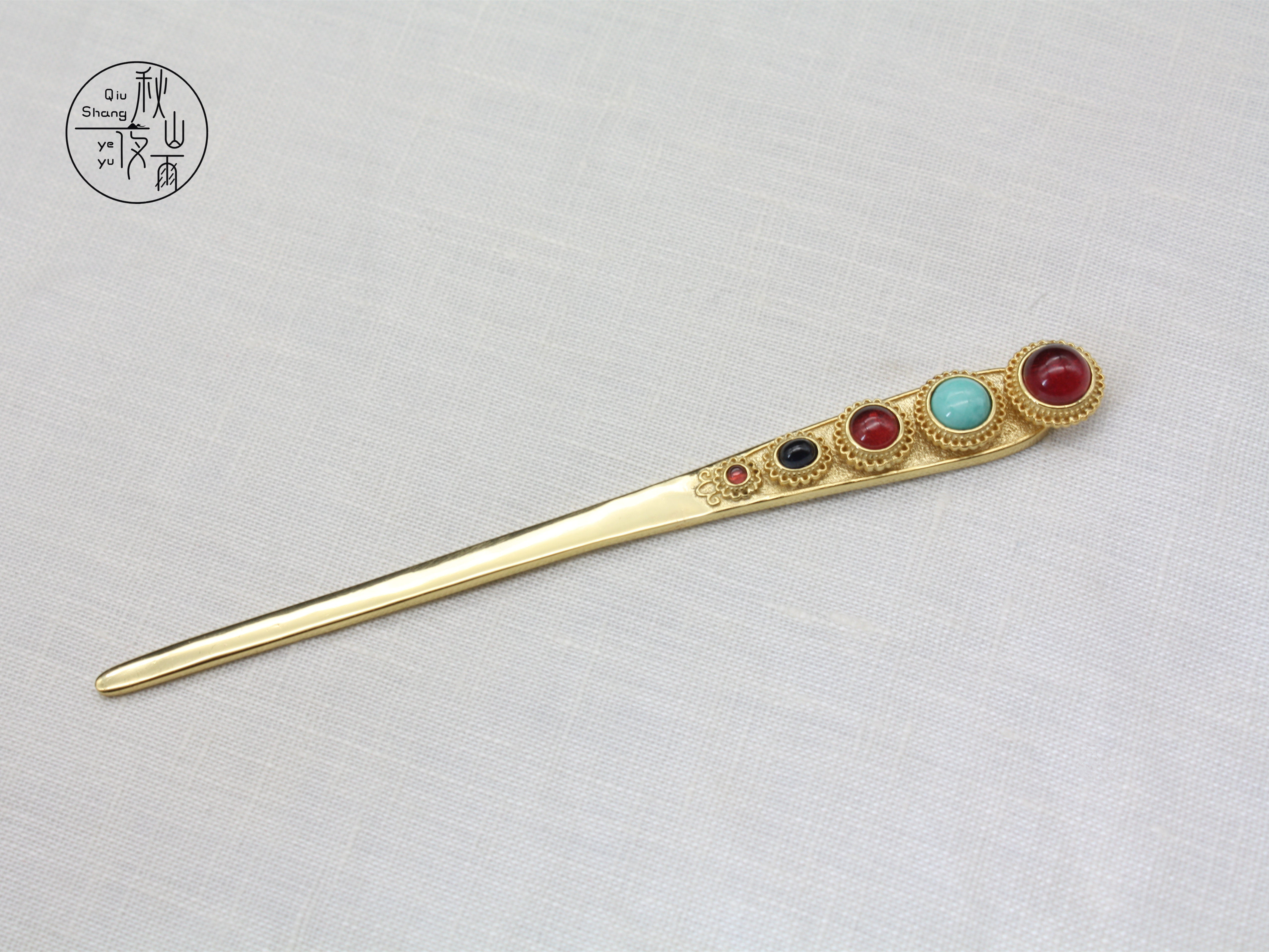 秋山夜雨 明代复原发簪银镀金镶宝头饰古代金银器汉服首饰