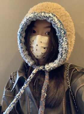 秋冬手工大头围毛绒护耳百搭针织帽子女加厚保暖毛线帽显脸小白色