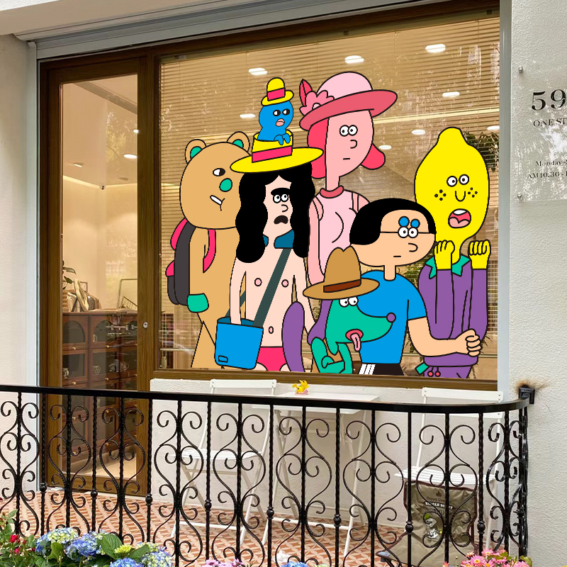 ins网红韩式插画贴纸 店铺玻璃门创意个性卡通人物布置装饰静电贴图片