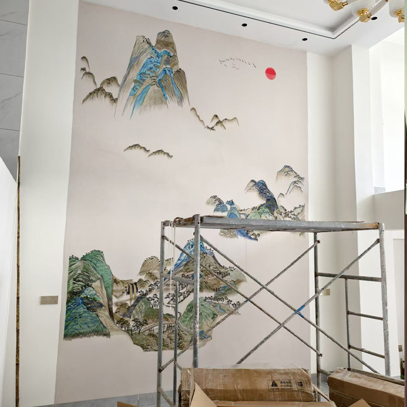 独绣刺绣无缝壁布山水挑空千里江山客厅电视沙发背景墙秀布新中式