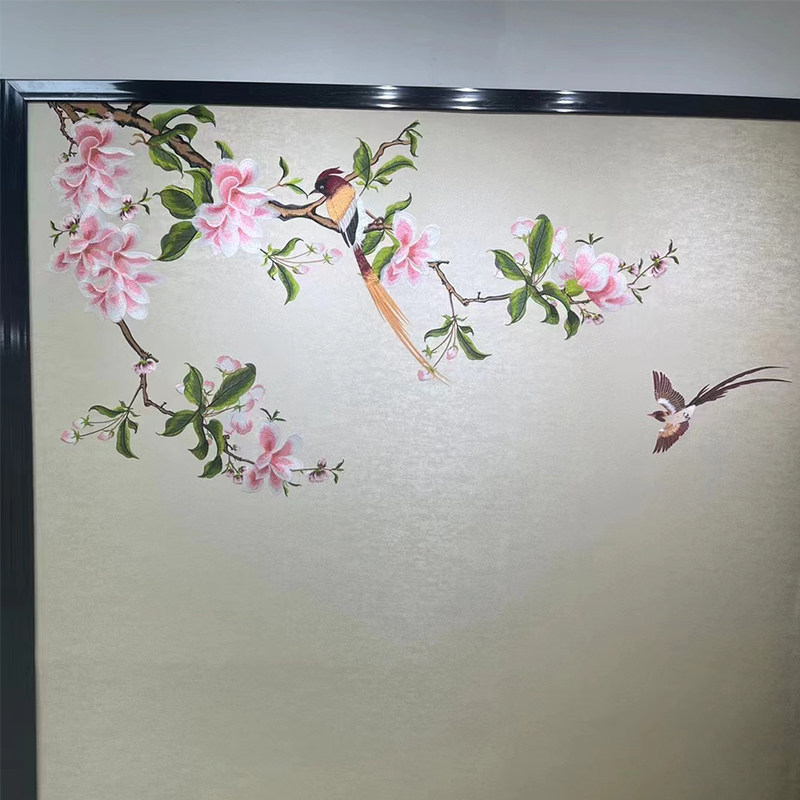 独绣刺绣无缝壁布花鸟四季平安粉客厅电视沙发背景墙布新中式独秀