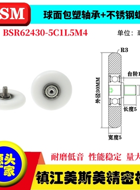 MSM球面包塑轴承滑轮不锈钢螺杆POM聚缩醛导向轮BSR62430-5C1L5M4
