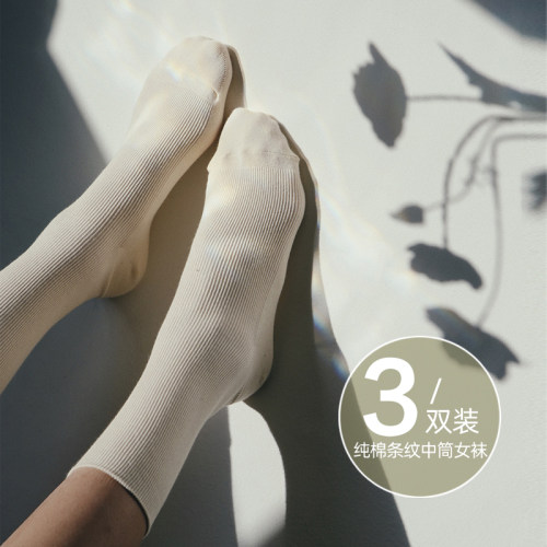 3双装螺纹纯棉纯色中筒堆堆女袜
