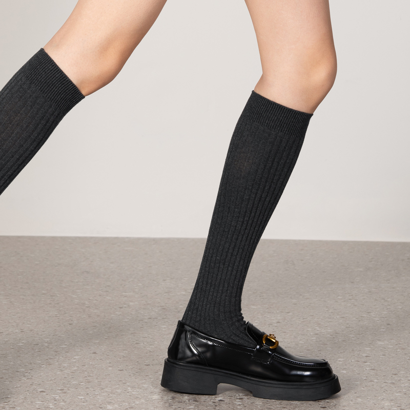 条纹小腿袜纯棉及膝小皮鞋长筒袜