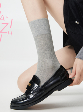 阪织物灰色中筒袜子女纯棉薄款夏季吸汗透气小皮鞋芭蕾风长筒女袜