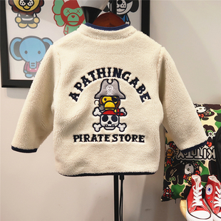 儿童加厚保暖羊羔绒外套春秋冬男童女童潮牌卡通白色立领宝宝上衣