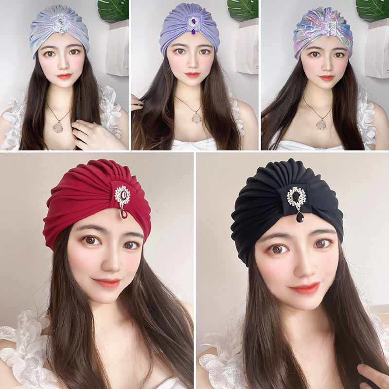 布泳帽女款不勒头加大大头围长发高颜值炫彩钻饰时尚护耳温泉泳帽图片