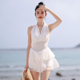 连体泳衣女黑色平角保守女高腰遮肚温泉蕾丝性感连体裙式沙滩泳装