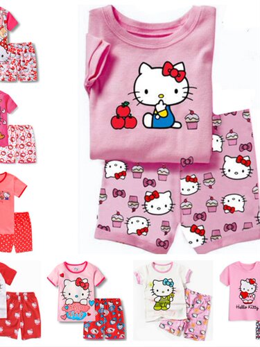 hello kitty童装儿童凯蒂猫衣服女童短袖T恤中裤休闲家居服套装棉