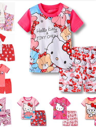 纯棉卡通KT猫 Hello Kitty儿童短袖睡衣家居服套装 女孩休闲套装