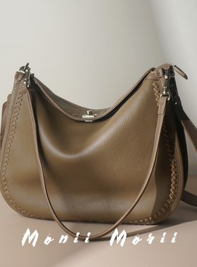 怪兽君通勤真皮马鞍包编织大容量单肩包百搭斜挎包头层牛皮女包包