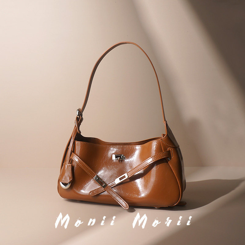 怪兽君小众复古腋下包时尚油蜡牛皮单肩包真皮斜挎包法式高级感包