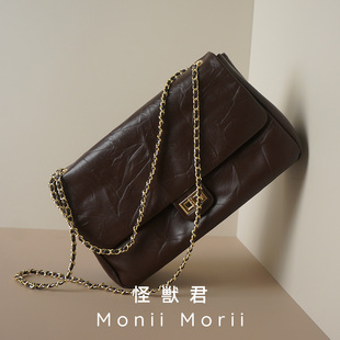 怪兽君包包2025新款 真皮通勤腋下包褶皱头层牛皮邮差包质感链条包