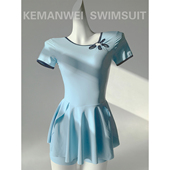 蓝调显白高级镂空小花修身 美学 显瘦连体泳衣女泡温泉新款 中式