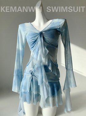 【瑶池仙】清爽显白湖蓝色纯欲风四件套分体泳衣女2026新款比基尼