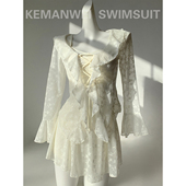 显瘦裙裤 罩衫 高级感米白软蕾丝长袖 温泉泳衣女三件套 月华清辉