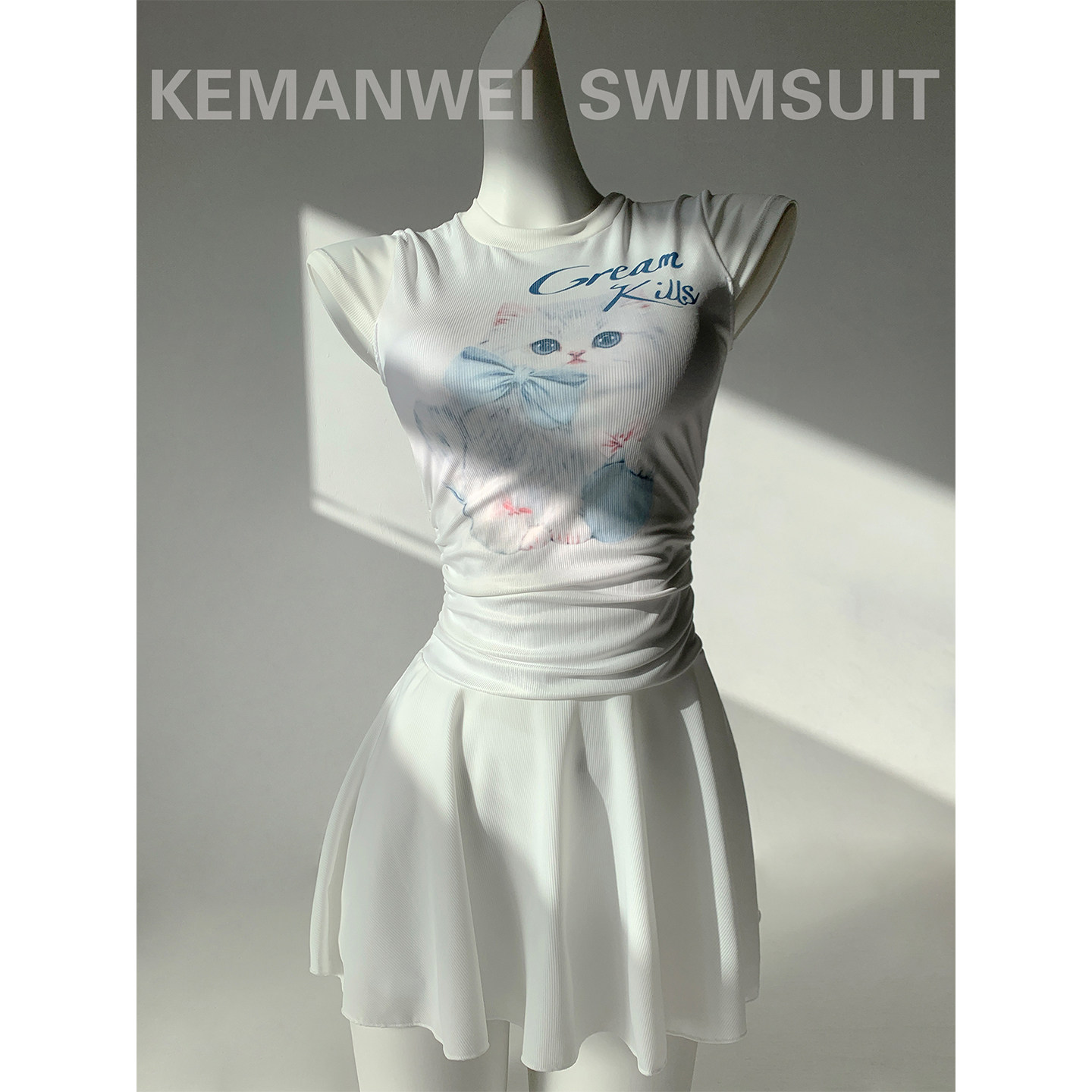 【波斯猫咪】白色纯欲风修身显瘦保守裙式分体泳衣女两件套泡温泉