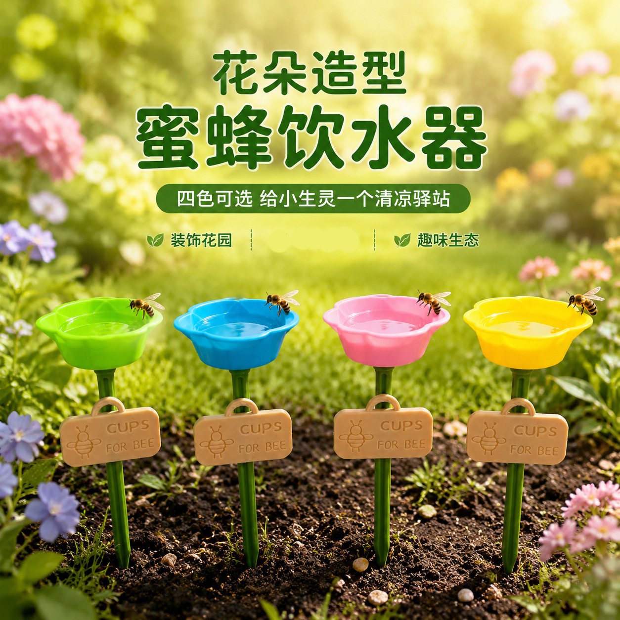 跨境花形蜜蜂饮水站花园装饰地插水杯花朵蜜蜂喂水器昆虫饮水户外