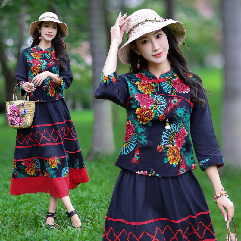 中国风复古唐装大码棉麻印花上衣女春夏民族风旗袍茶服半身裙套装