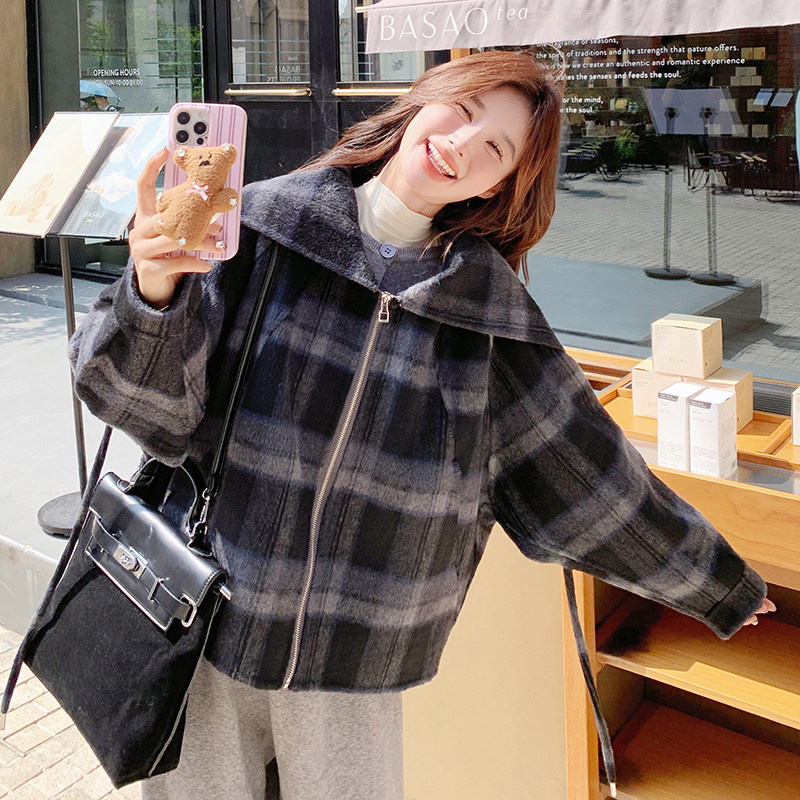 灰色复古格纹大翻领毛呢外套女冬2025新款法式超好看加厚呢子大衣,女装毛呢外套,浙宝186