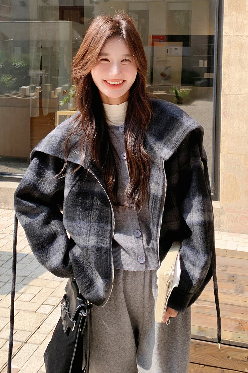 灰色复古格纹大翻领毛呢外套女冬2025新款法式超好看加厚呢子大衣,女装毛呢外套,浙宝186